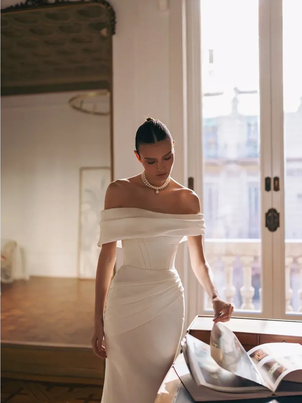 Verona off- shoulder wedding dress with Draped Waist